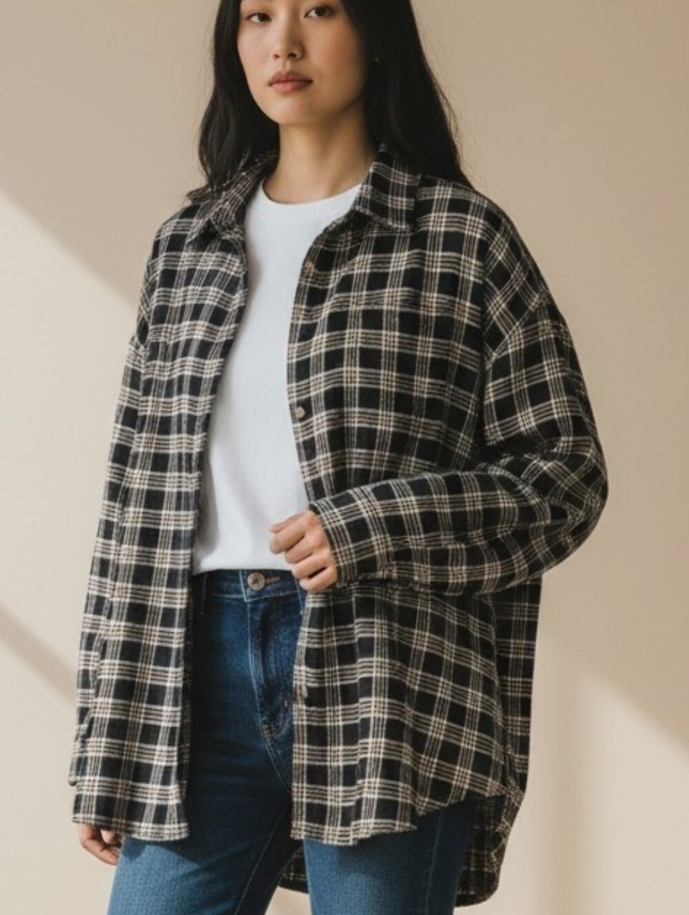 Loose Fit Cotton Plaid Button-Up Shirt